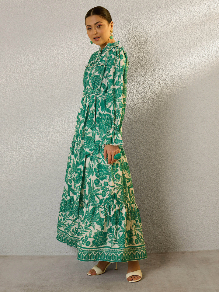Women Green Floral Full Sleeve Maxi Dress
