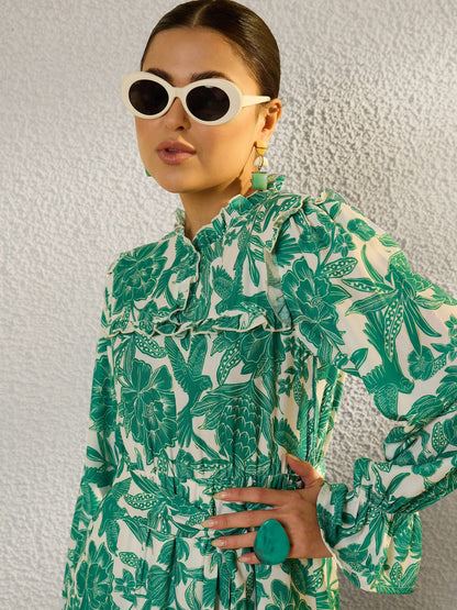 Women Green Floral Full Sleeve Maxi Dress