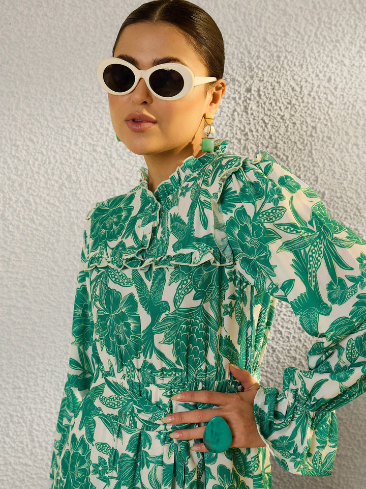 Women Green Floral Full Sleeve Maxi Dress