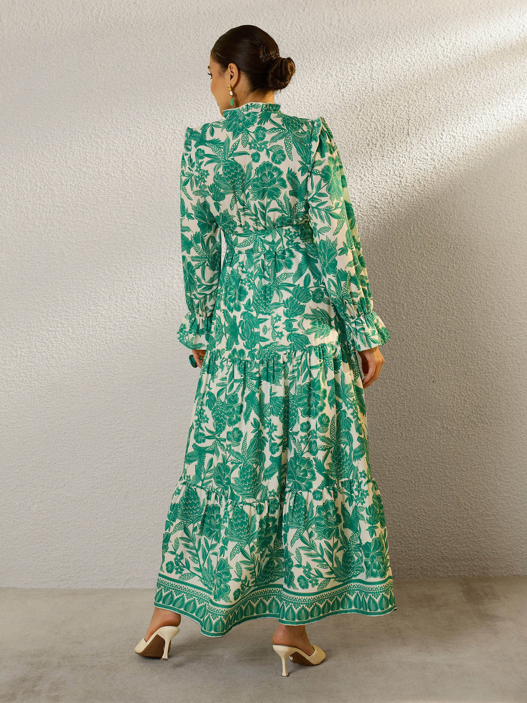 Women Green Floral Full Sleeve Maxi Dress