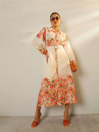 Women Off White Floral Midi Belted Shirt Dress