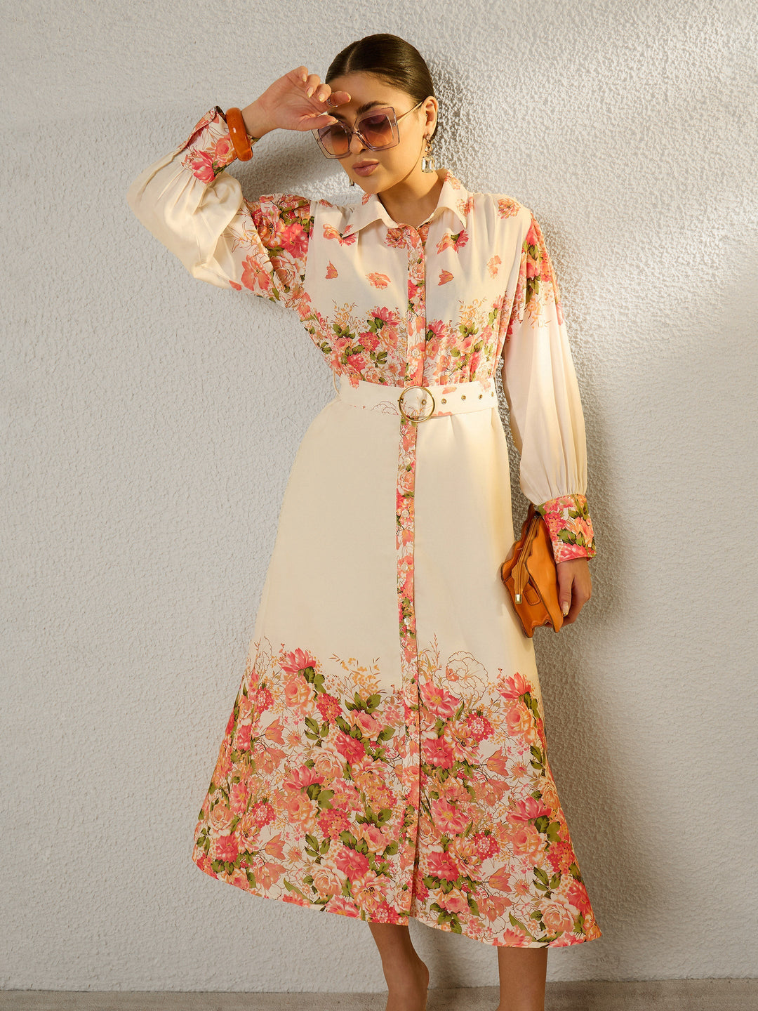 Women Off White Floral Midi Belted Shirt Dress