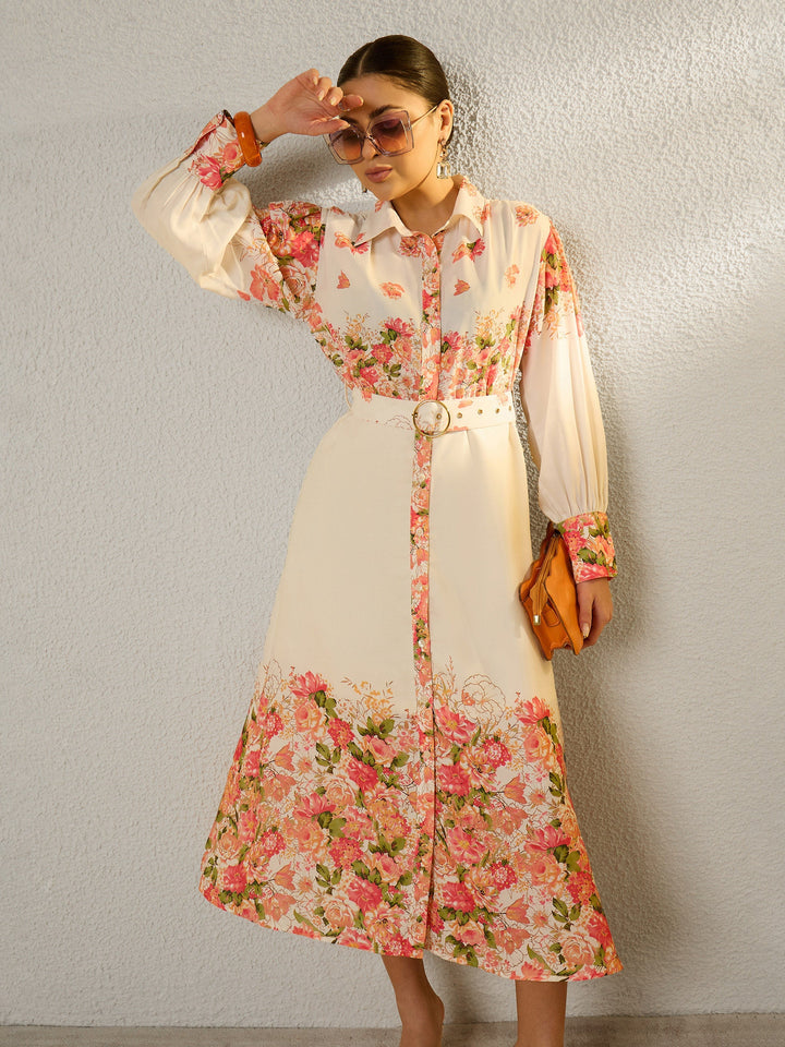 Women Off White Floral Midi Belted Shirt Dress