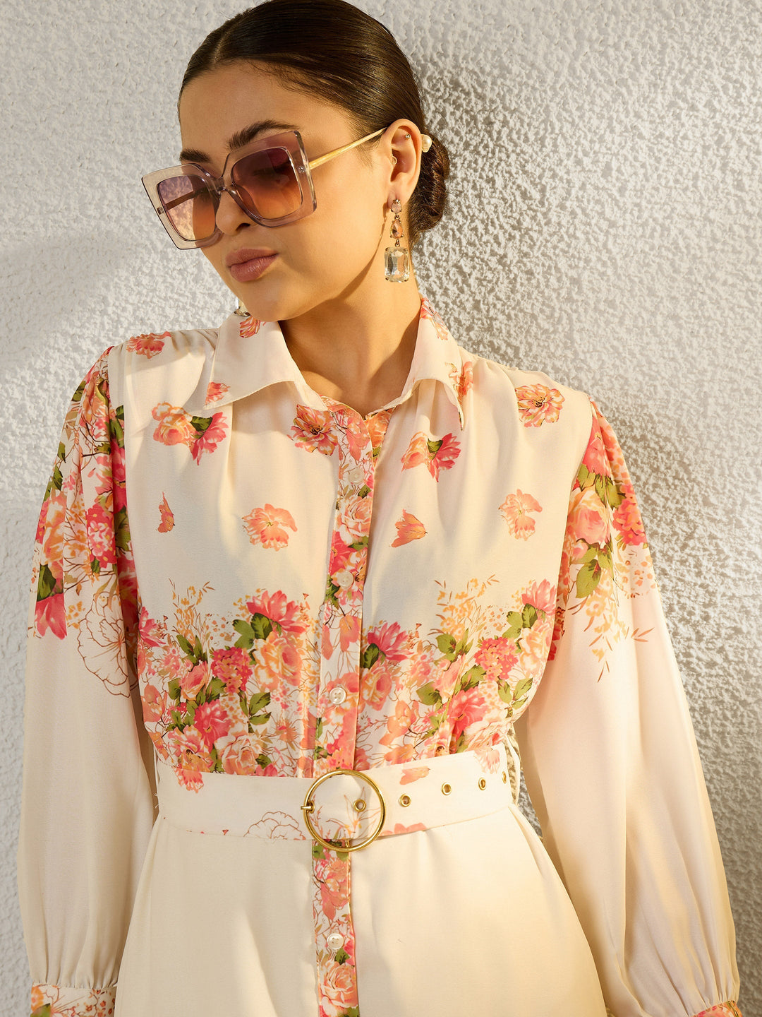 Women Off White Floral Midi Belted Shirt Dress