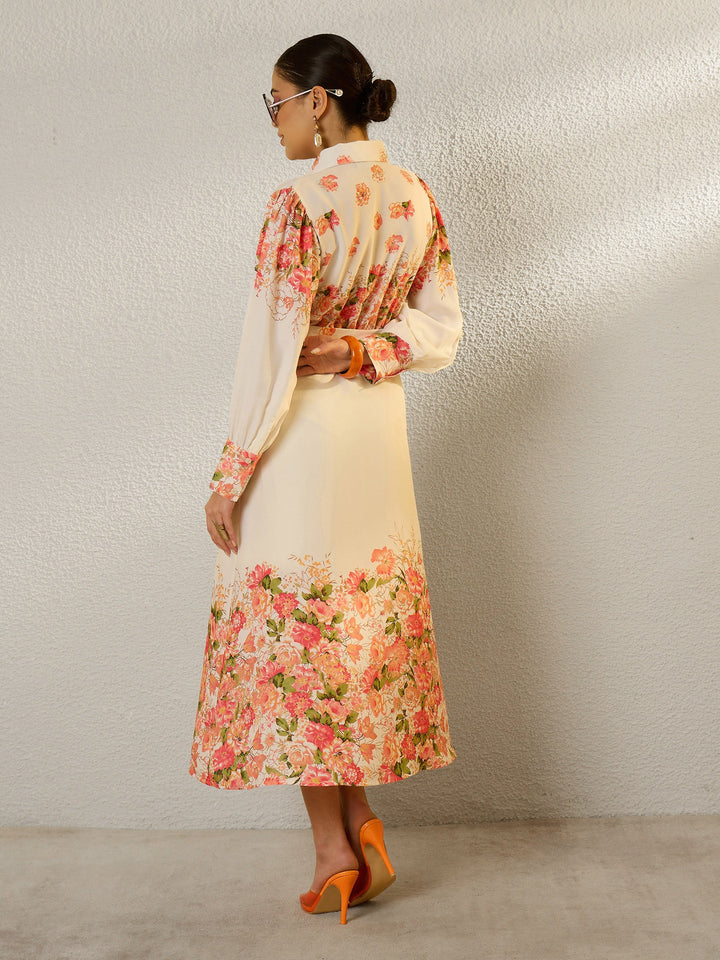 Women Off White Floral Midi Belted Shirt Dress