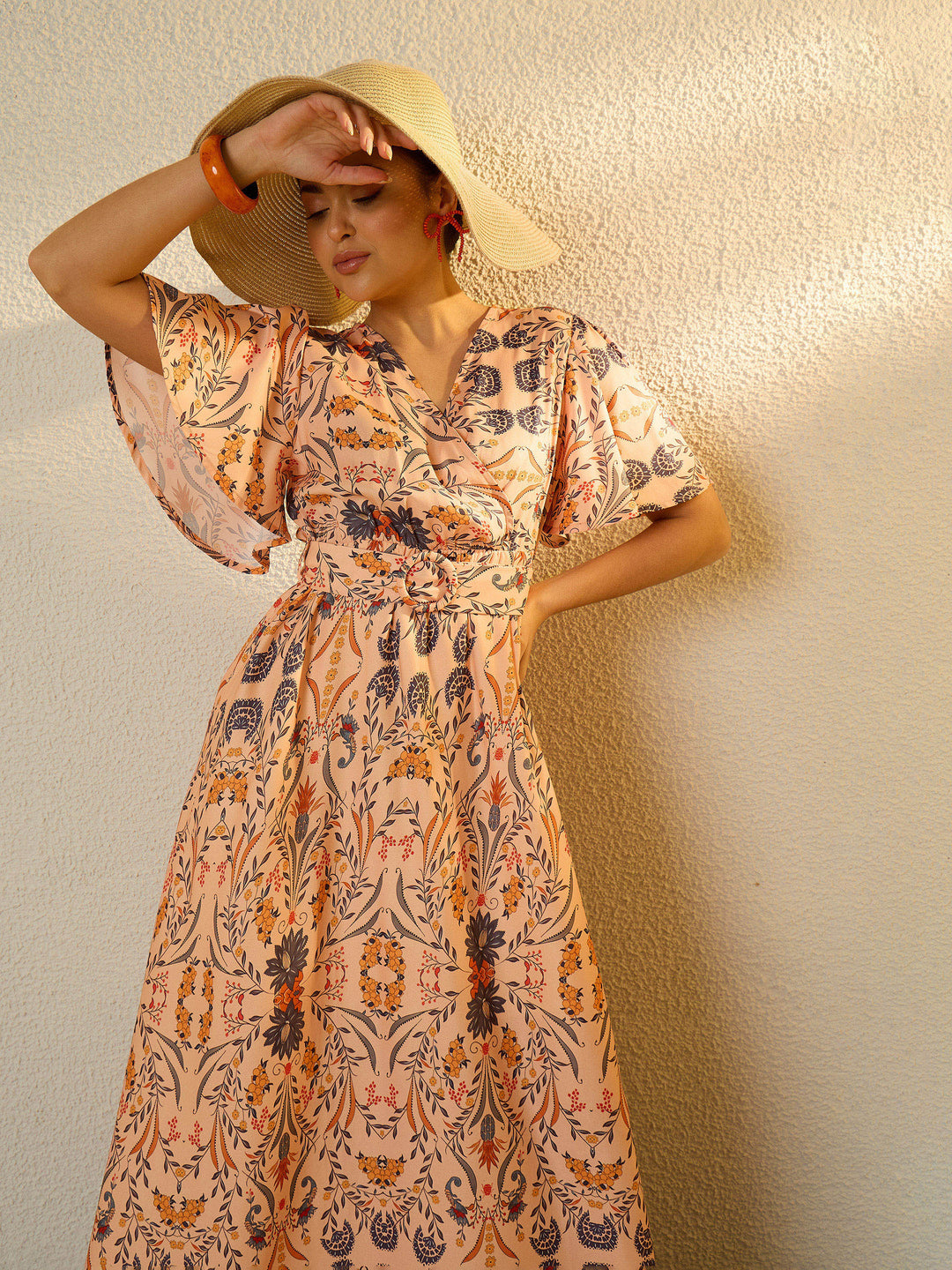 Women Peach Floral V-Neck Short Sleeve Belted Maxi Dress