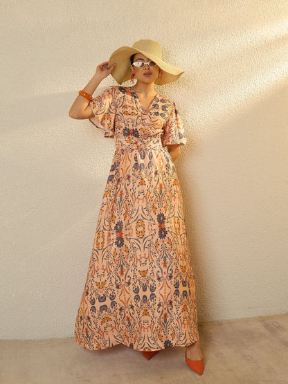 Women Peach Floral V-Neck Short Sleeve Belted Maxi Dress