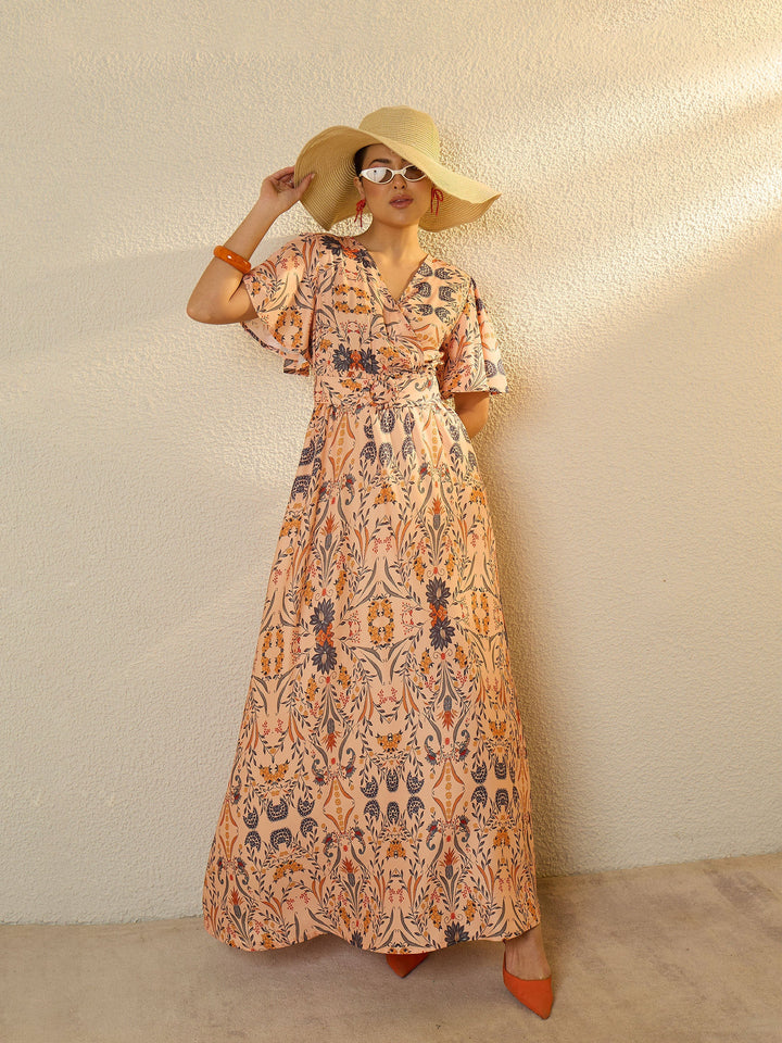 Women Peach Floral V-Neck Short Sleeve Belted Maxi Dress