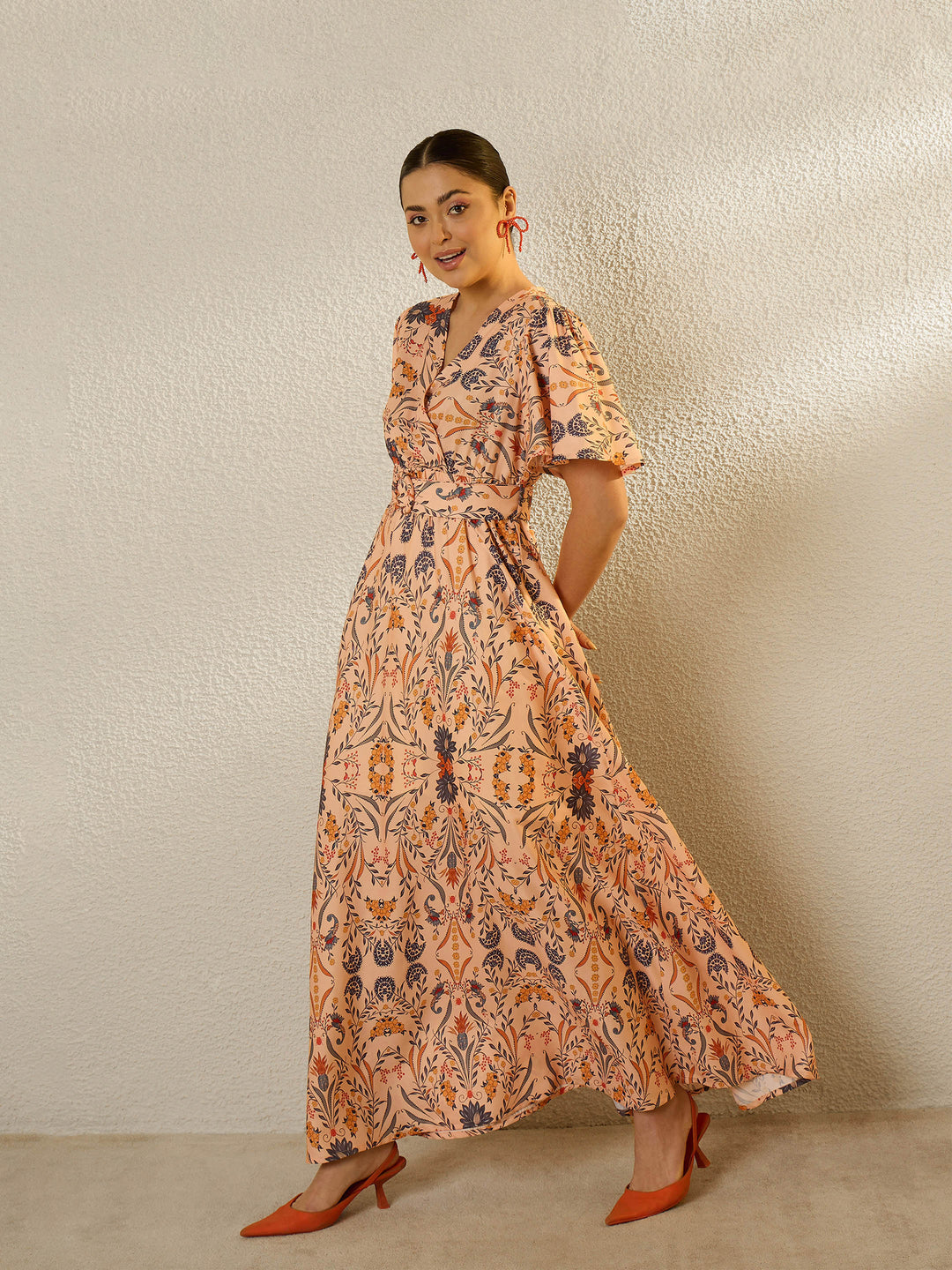 Women Peach Floral V-Neck Short Sleeve Belted Maxi Dress