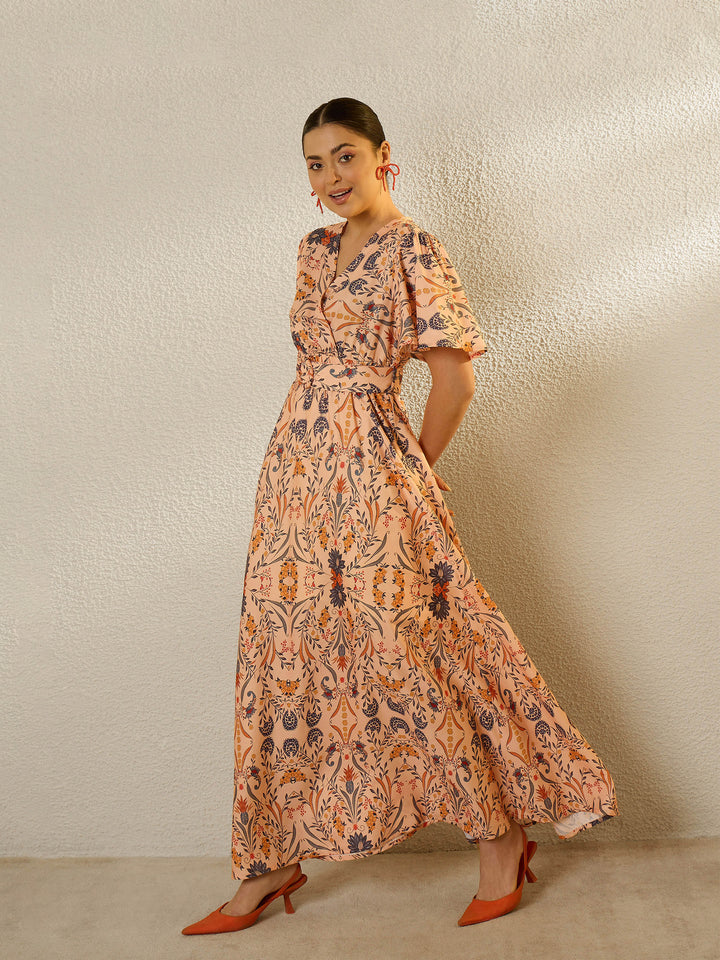 Women Peach Floral V-Neck Short Sleeve Belted Maxi Dress