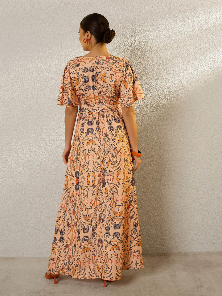 Women Peach Floral V-Neck Short Sleeve Belted Maxi Dress