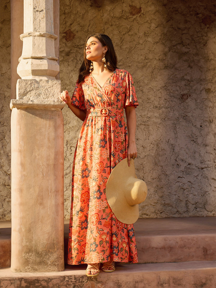 Women Orange Floral V-Neck Short Sleeve Belted Maxi Dress