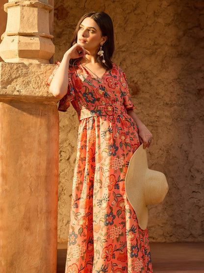 Women Orange Floral V-Neck Short Sleeve Belted Maxi Dress