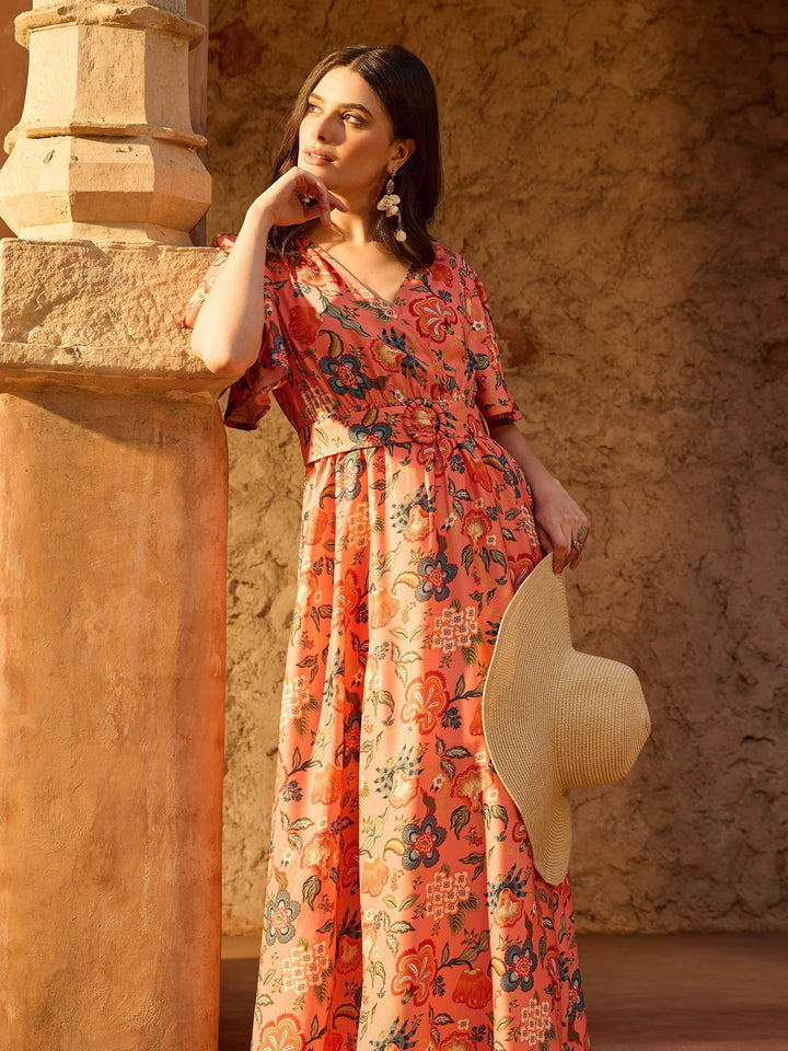 Women Orange Floral V-Neck Short Sleeve Belted Maxi Dress