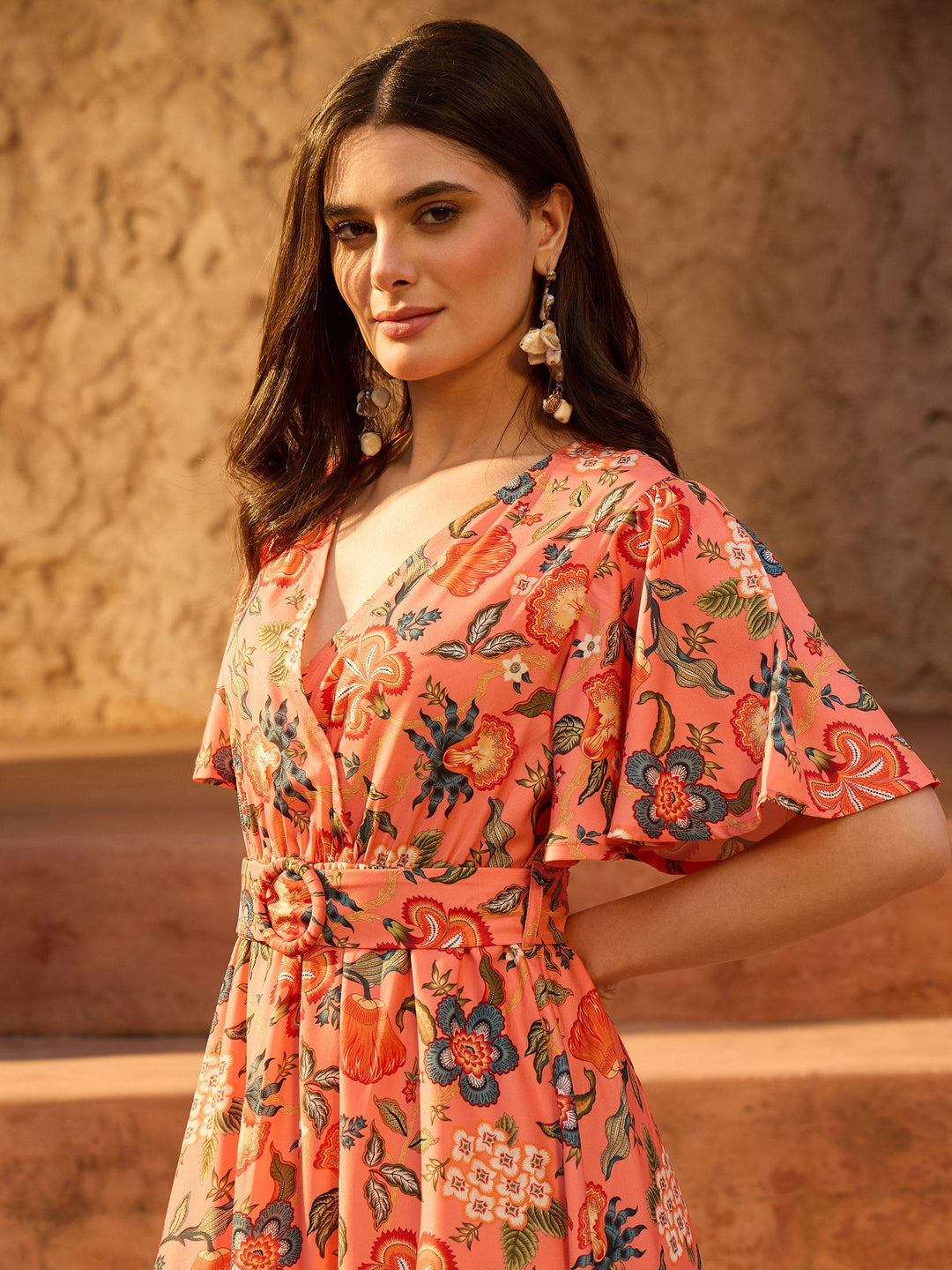 Women Orange Floral V-Neck Short Sleeve Belted Maxi Dress