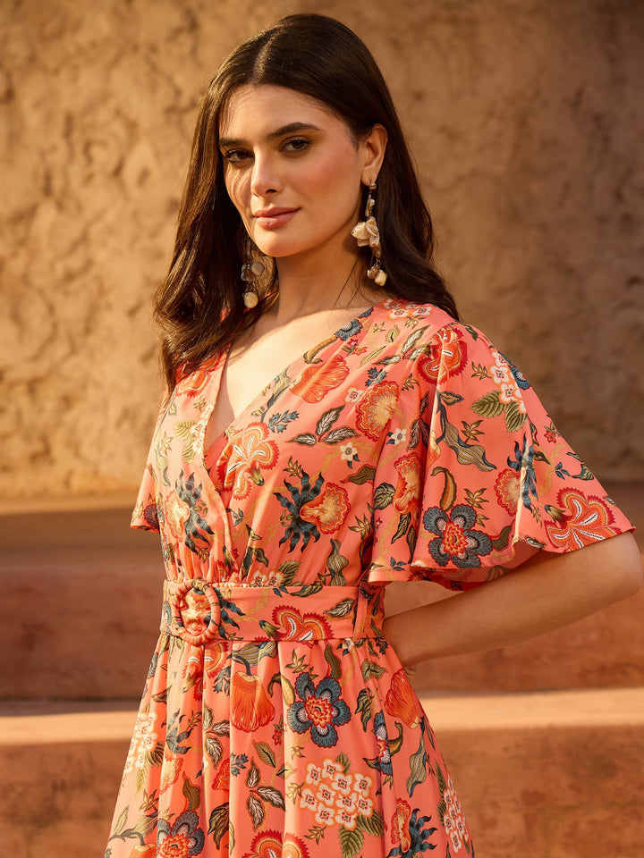 Women Orange Floral V-Neck Short Sleeve Belted Maxi Dress