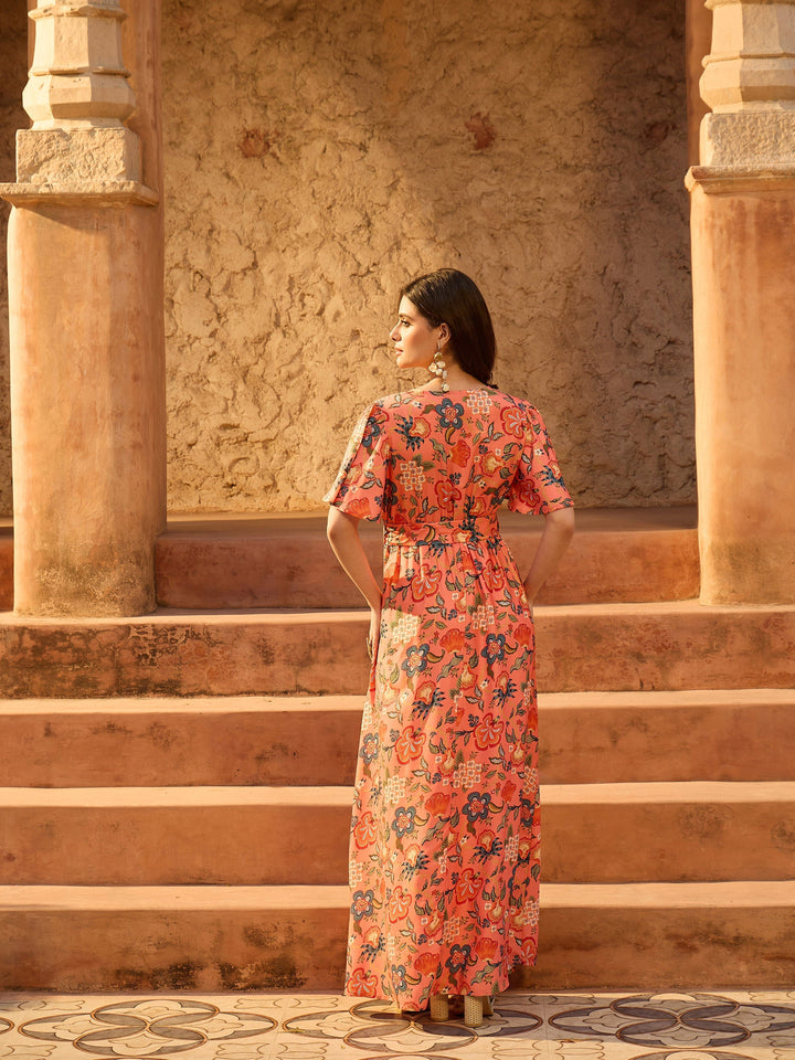 Women Orange Floral V-Neck Short Sleeve Belted Maxi Dress