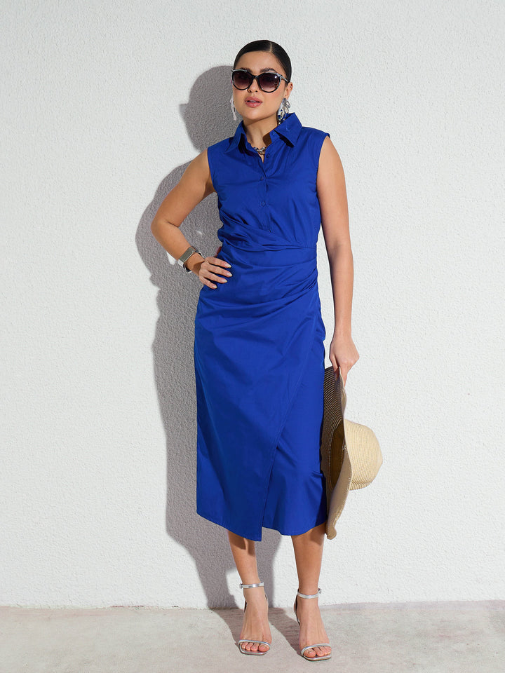 Women Royal Blue Side Pleated Sleeveless Midi Dress
