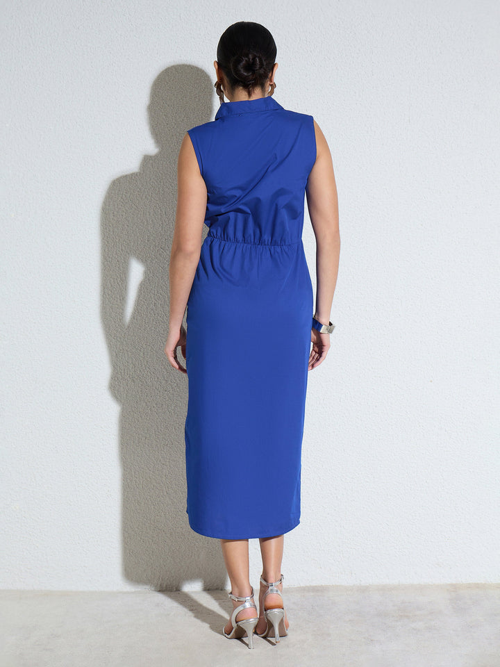 Women Royal Blue Side Pleated Sleeveless Midi Dress
