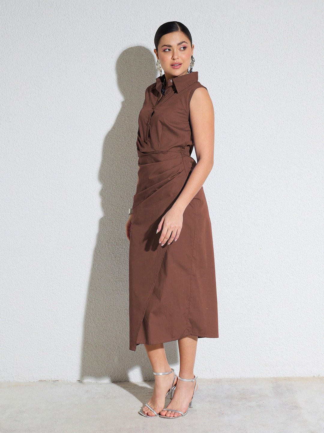 Women Brown Side Pleated Sleeveless Midi Dress