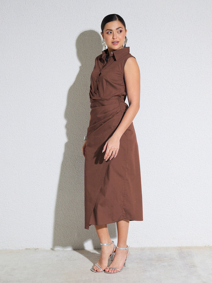 Women Brown Side Pleated Sleeveless Midi Dress