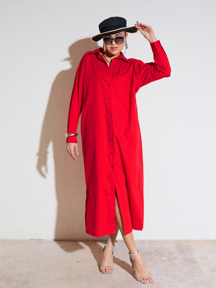 Women Red Poplin Longline Shirt Dress