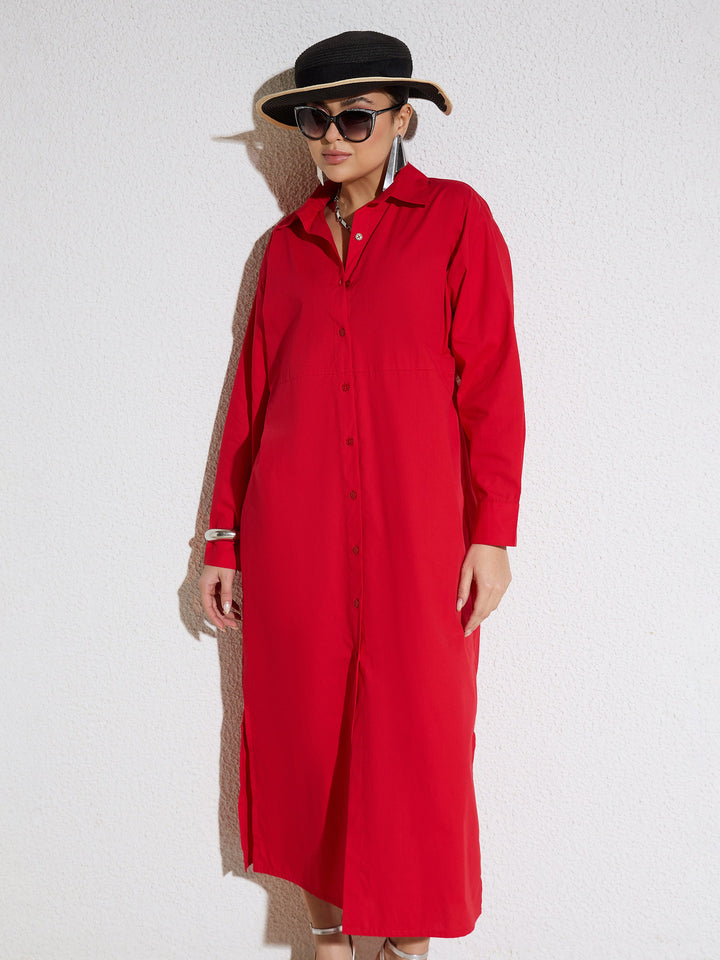 Women Red Poplin Longline Shirt Dress