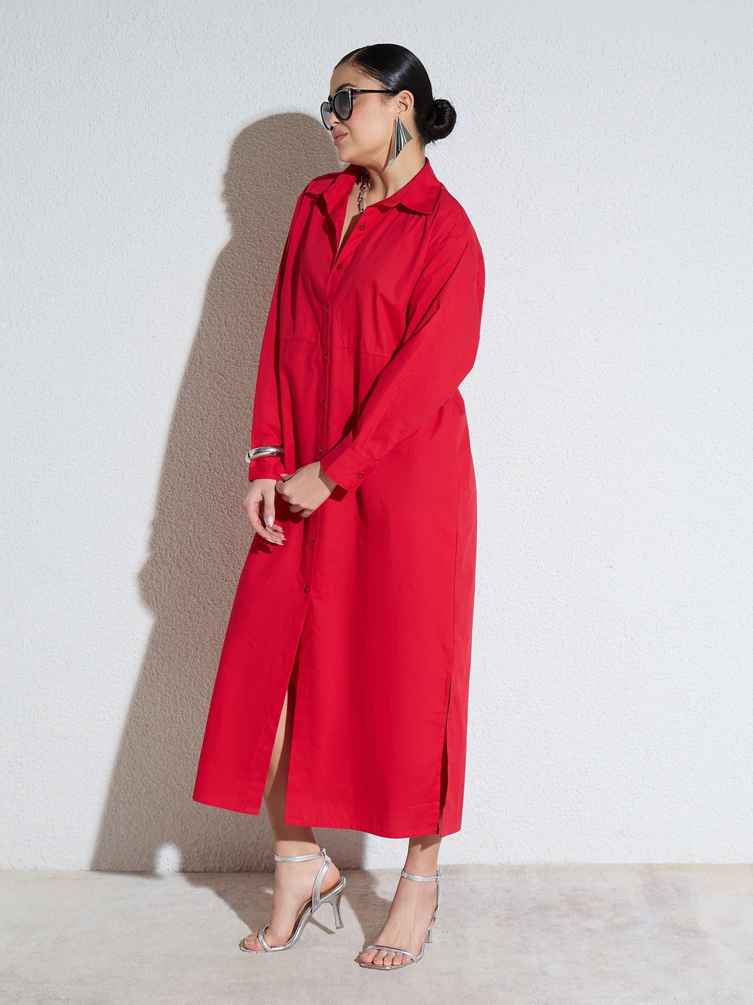 Women Red Poplin Longline Shirt Dress