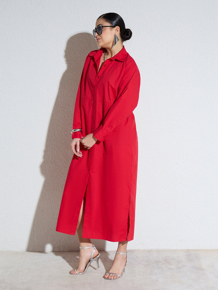 Women Red Poplin Longline Shirt Dress