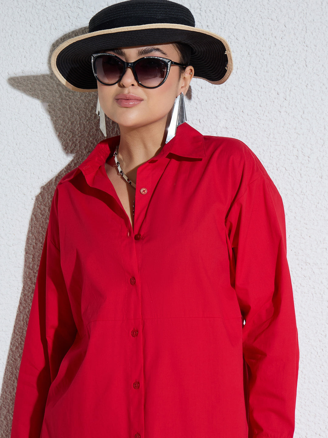 Women Red Poplin Longline Shirt Dress
