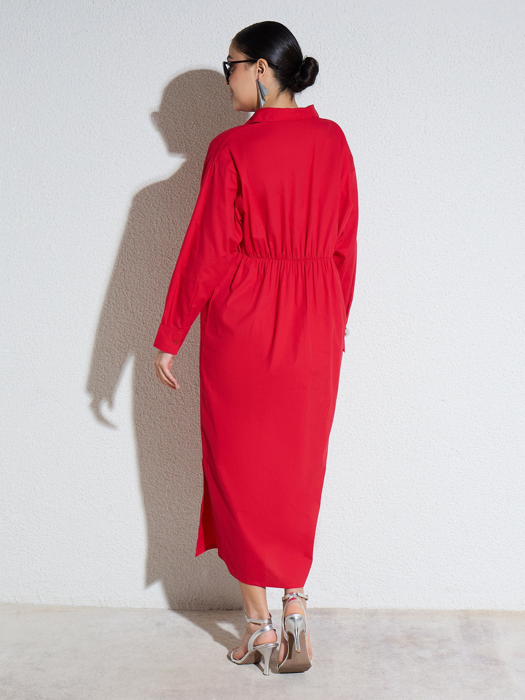 Women Red Poplin Longline Shirt Dress