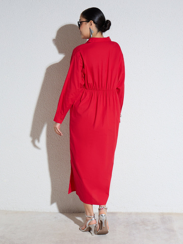 Women Red Poplin Longline Shirt Dress