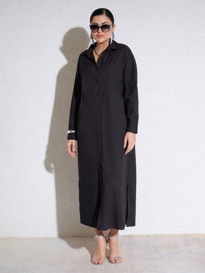 Women Black Poplin Longline Shirt Dress