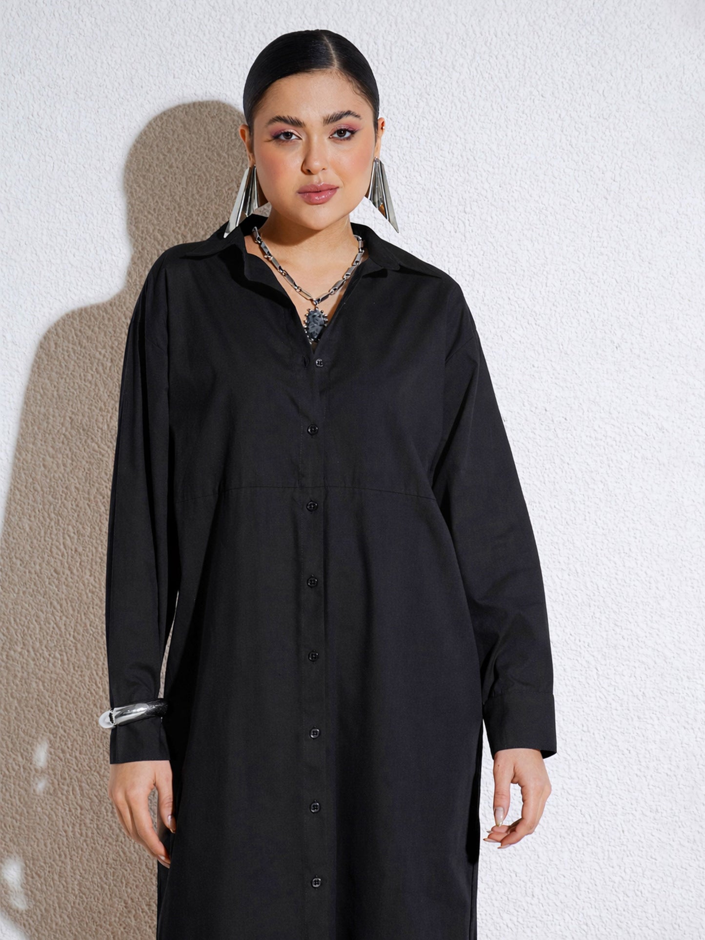 Women Black Poplin Longline Shirt Dress