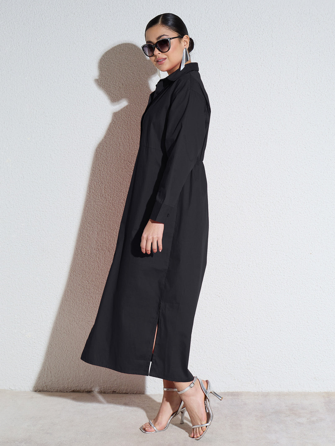 Women Black Poplin Longline Shirt Dress