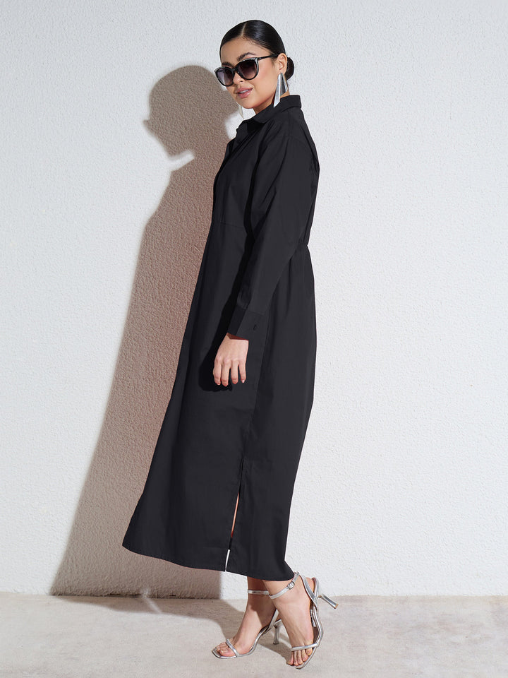 Women Black Poplin Longline Shirt Dress