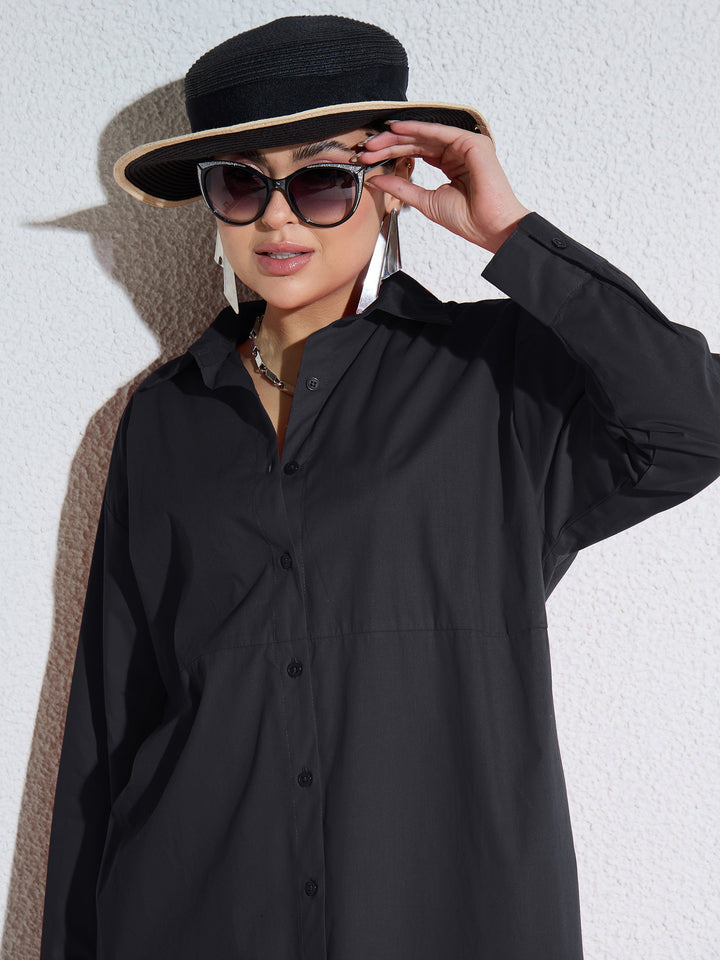 Women Black Poplin Longline Shirt Dress
