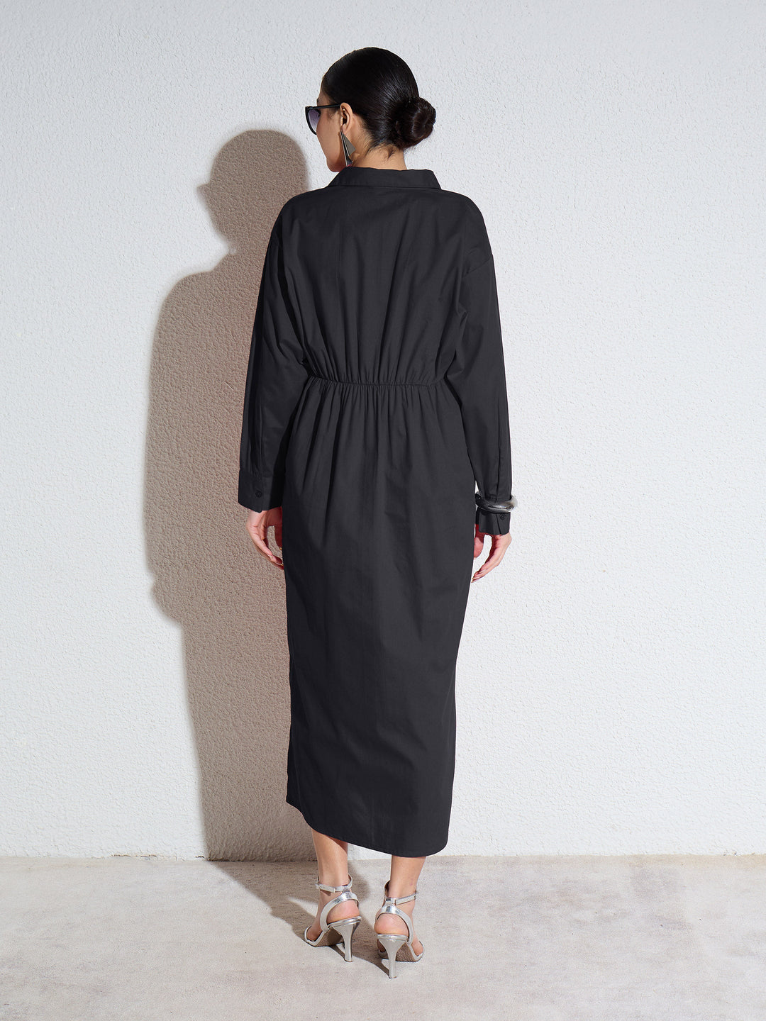Women Black Poplin Longline Shirt Dress