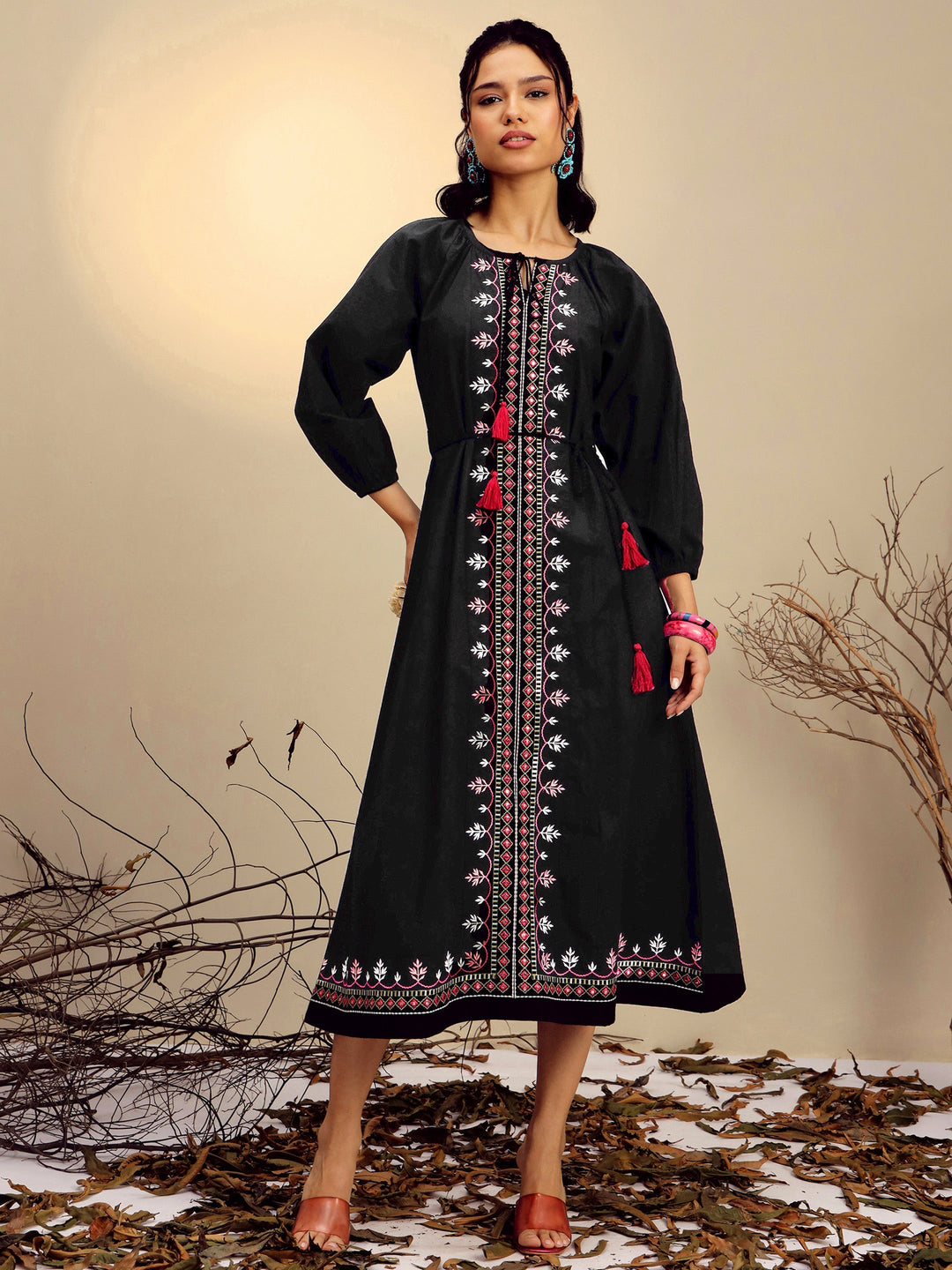 Women Black Poplin Embroidered Neck Dori Midi Dress