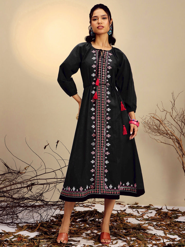 Women Black Poplin Embroidered Neck Dori Midi Dress