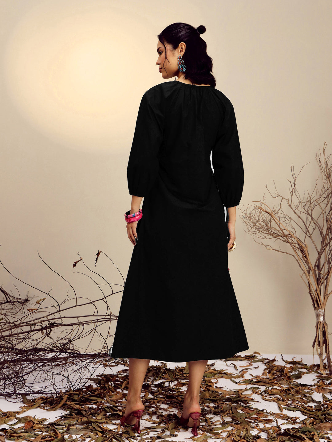 Women Black Poplin Embroidered Neck Dori Midi Dress