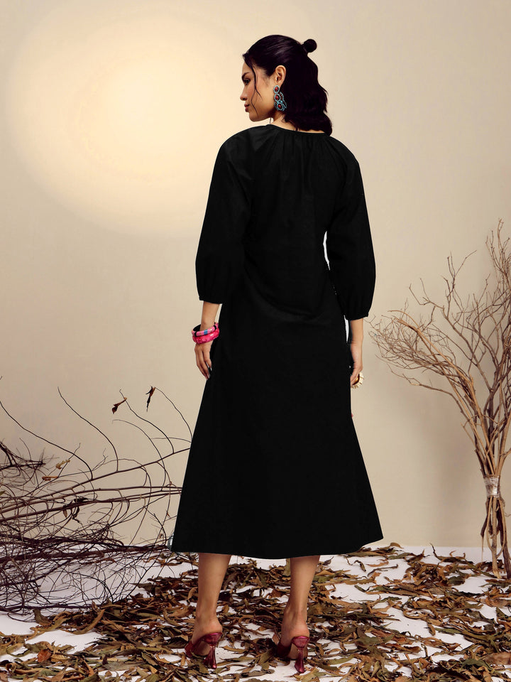 Women Black Poplin Embroidered Neck Dori Midi Dress