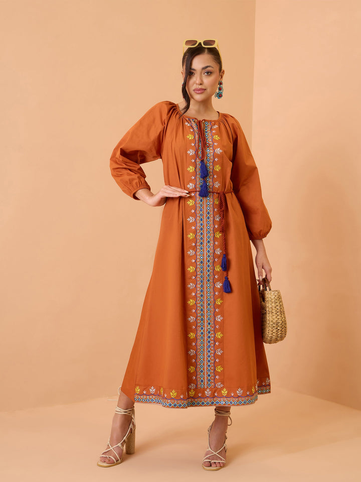 Women Rust Poplin Embroidered Neck Dori Midi Dress