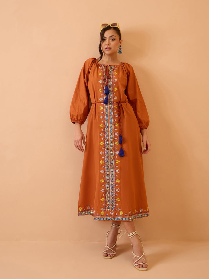 Women Rust Poplin Embroidered Neck Dori Midi Dress
