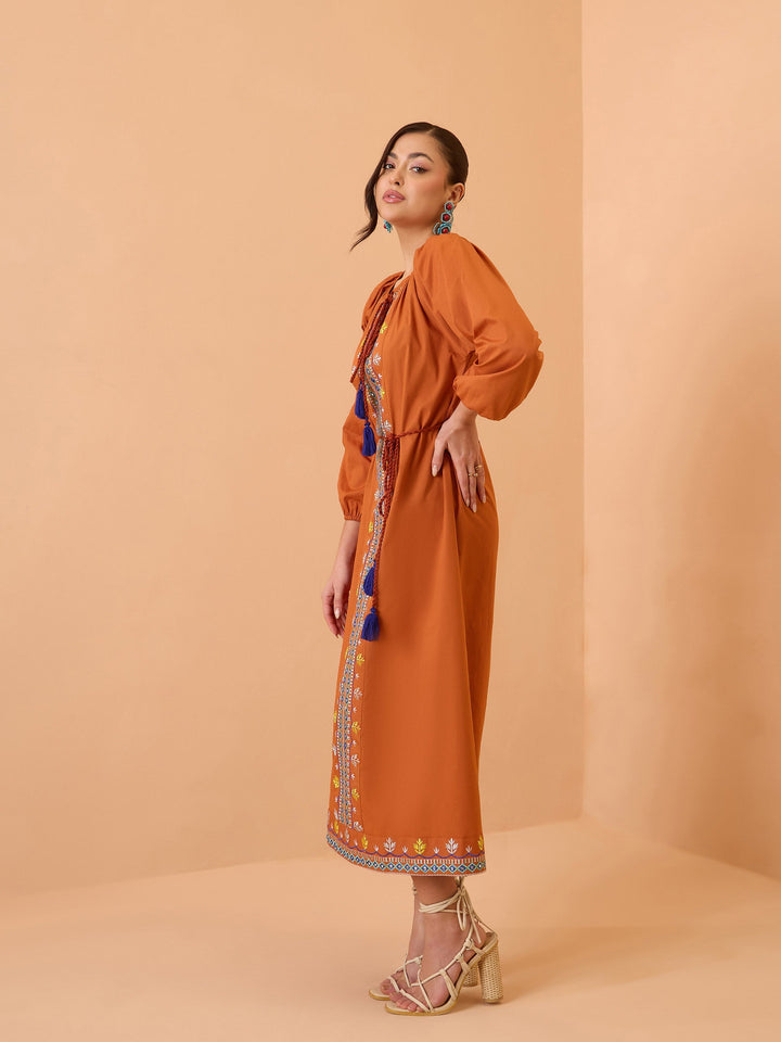 Women Rust Poplin Embroidered Neck Dori Midi Dress
