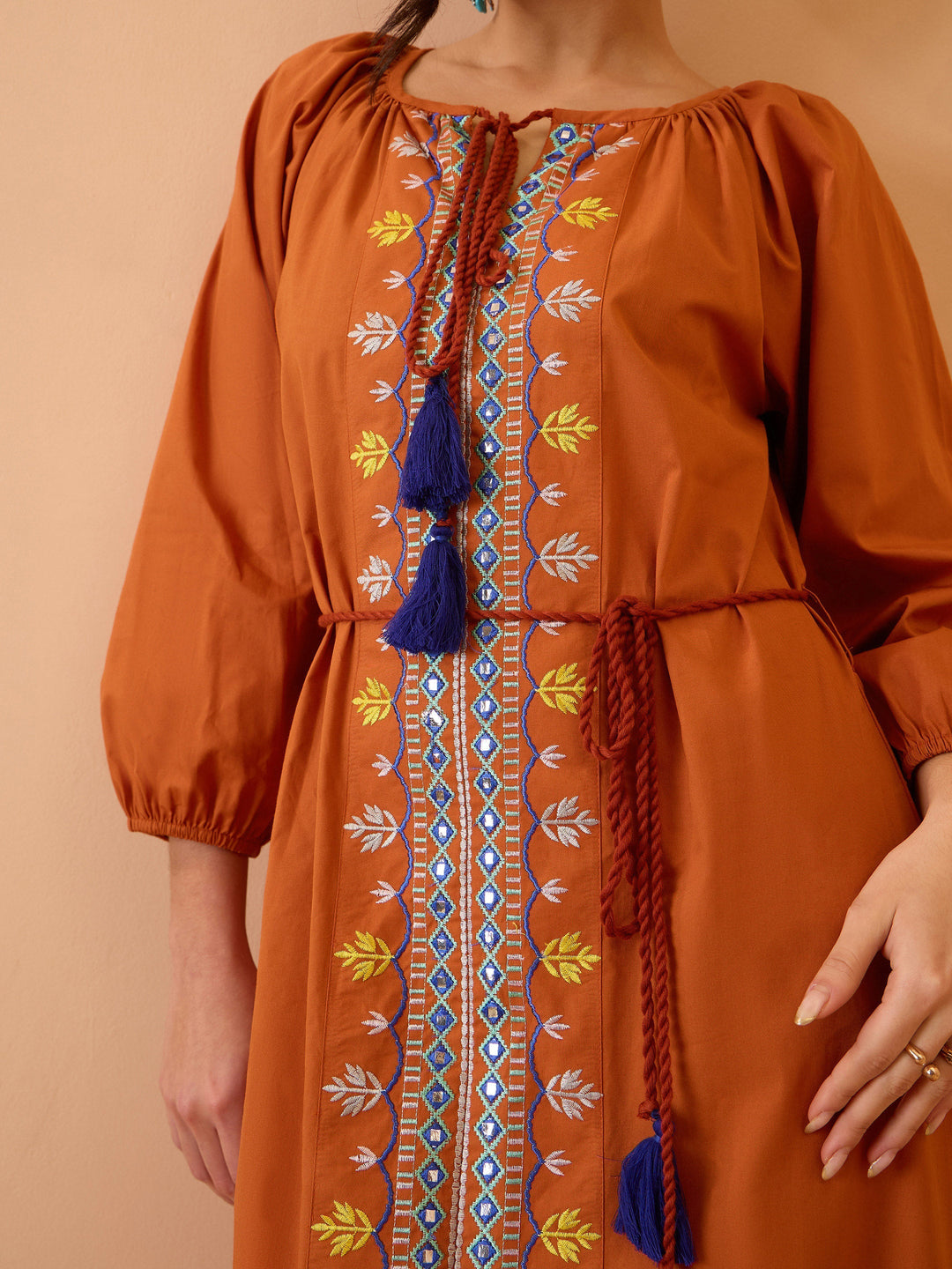 Women Rust Poplin Embroidered Neck Dori Midi Dress