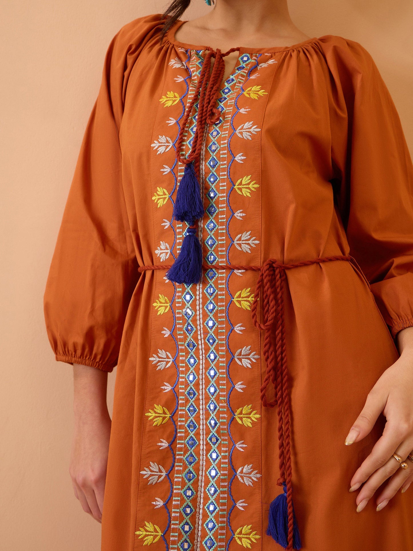 Women Rust Poplin Embroidered Neck Dori Midi Dress