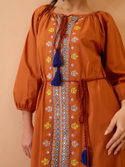 Women Rust Poplin Embroidered Neck Dori Midi Dress