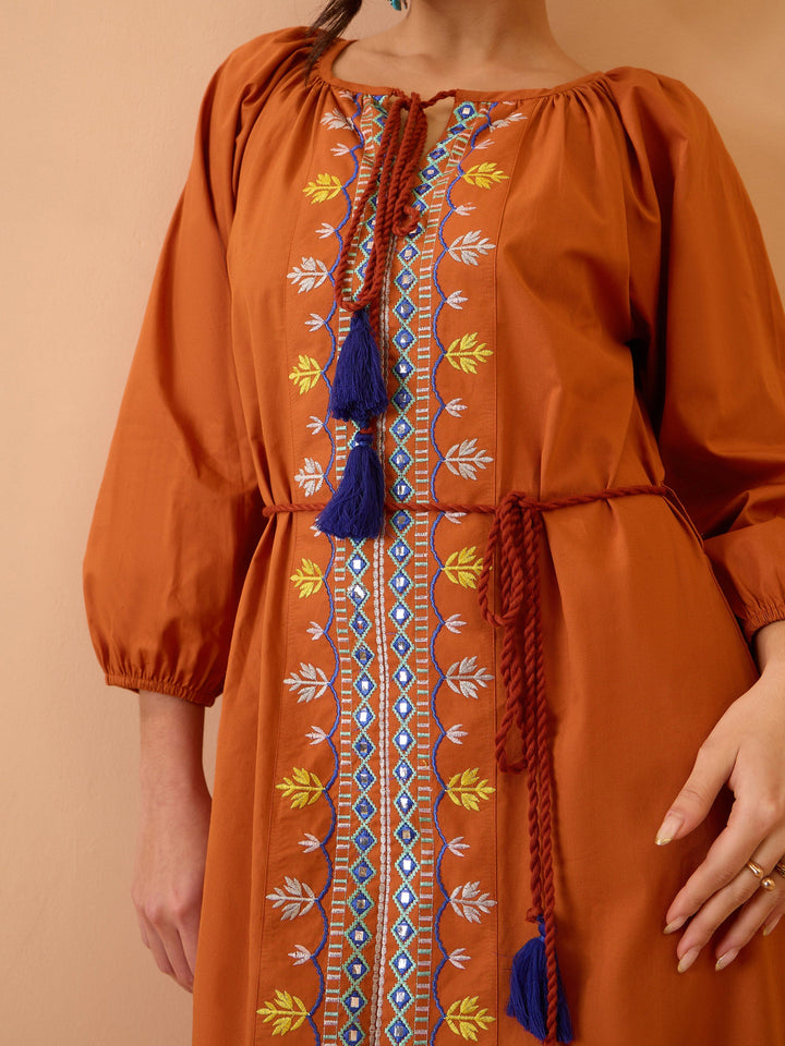 Women Rust Poplin Embroidered Neck Dori Midi Dress