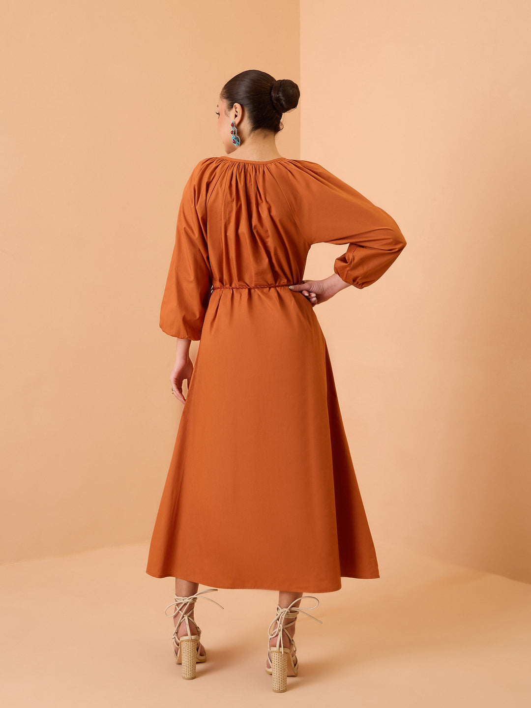 Women Rust Poplin Embroidered Neck Dori Midi Dress